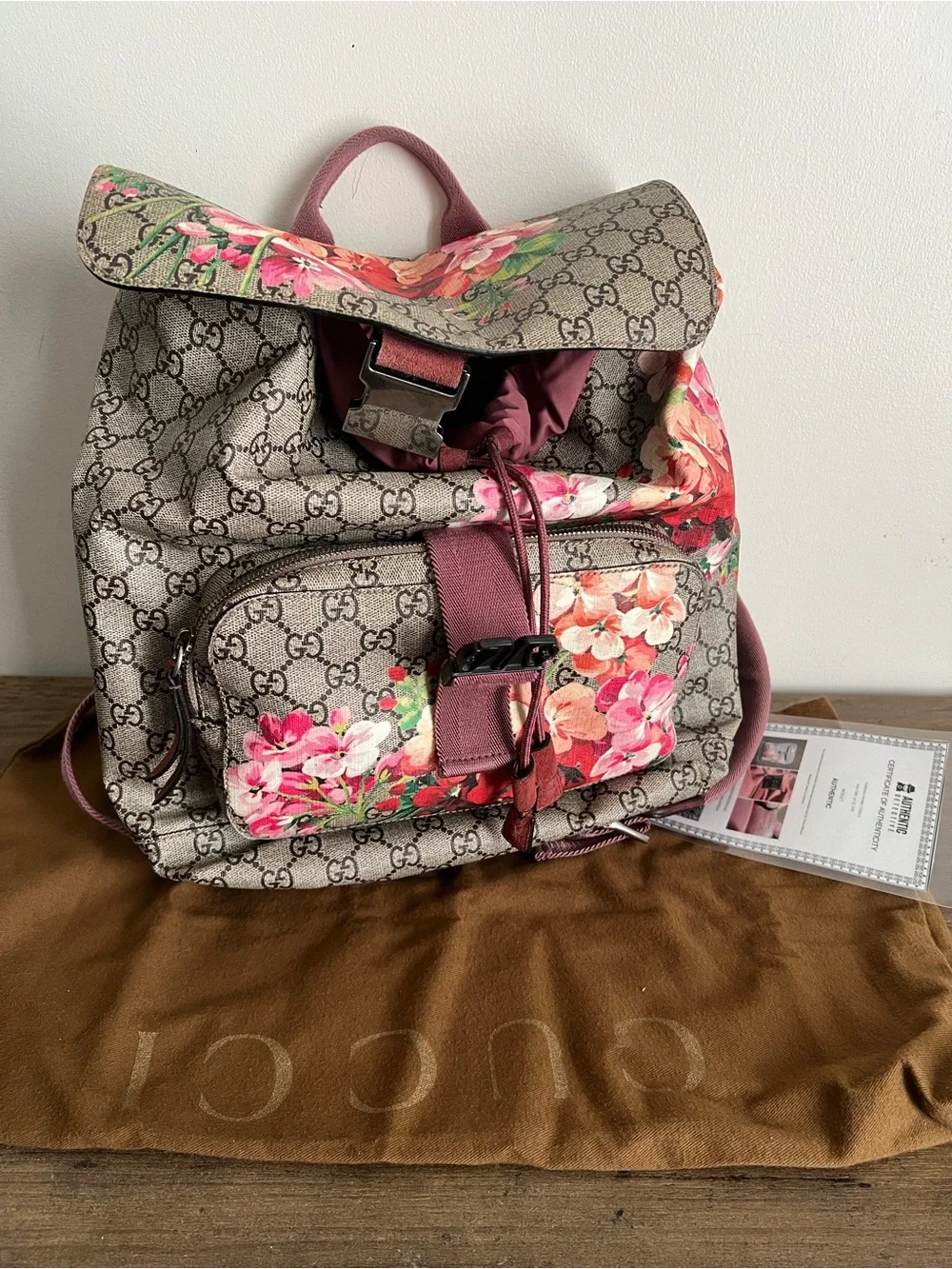 Gucci GG Supreme Floral Canvas Backpack in Pink and Green - Picture 9 of 9